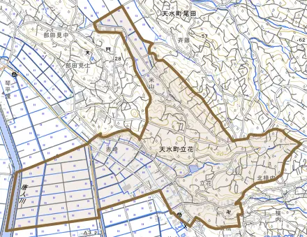 天水町立花とその周辺の地図。町の範囲を重ねている