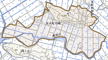 天水町竹崎とその周辺の地図。町の範囲を重ねている