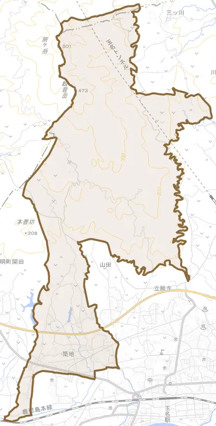 築地とその周辺の地図。町の範囲を重ねている