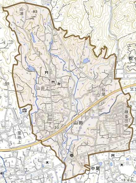 山田とその周辺の地図。町の範囲を重ねている