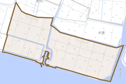 横島町共栄とその周辺の地図。町の範囲を重ねている