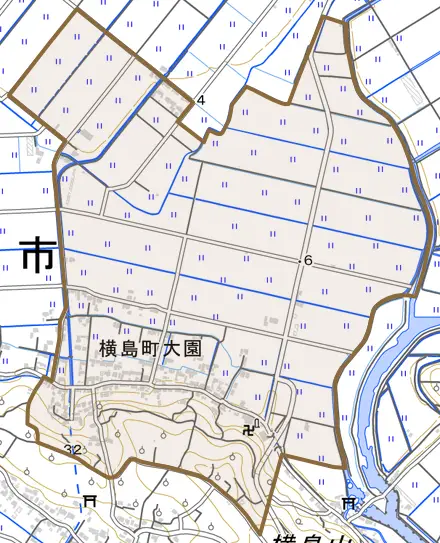 横島町大園とその周辺の地図。町の範囲を重ねている