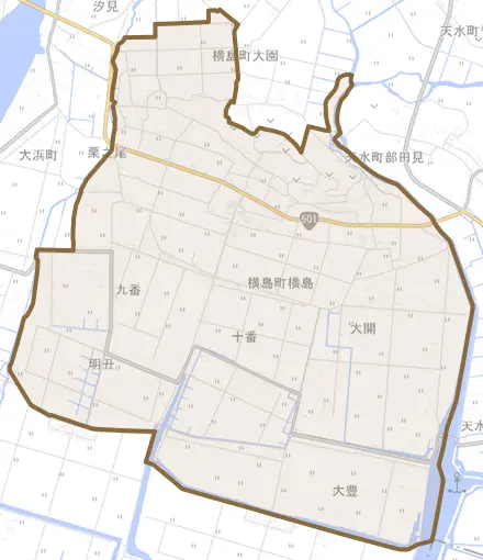 横島町横島とその周辺の地図。町の範囲を重ねている