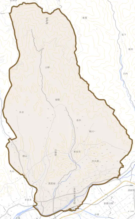 大字黒肥地とその周辺の地図。町の範囲を重ねている