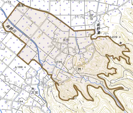 大字奥野とその周辺の地図。町の範囲を重ねている