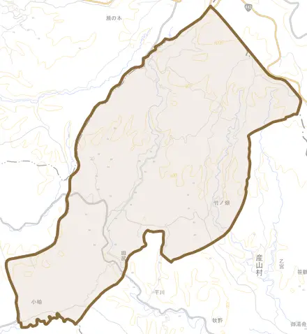 大字田尻とその周辺の地図。町の範囲を重ねている