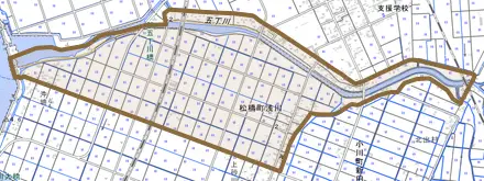 松橋町浅川とその周辺の地図。町の範囲を重ねている