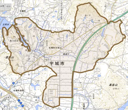 松橋町古保山とその周辺の地図。町の範囲を重ねている