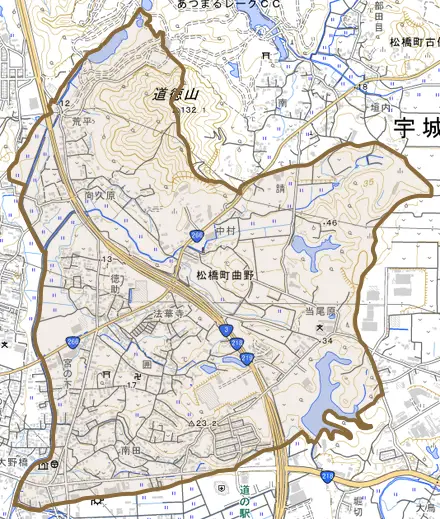 松橋町曲野とその周辺の地図。町の範囲を重ねている