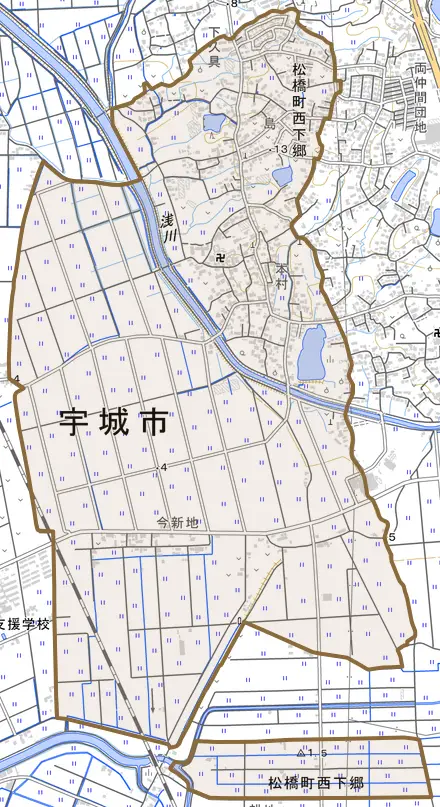 松橋町西下郷とその周辺の地図。町の範囲を重ねている