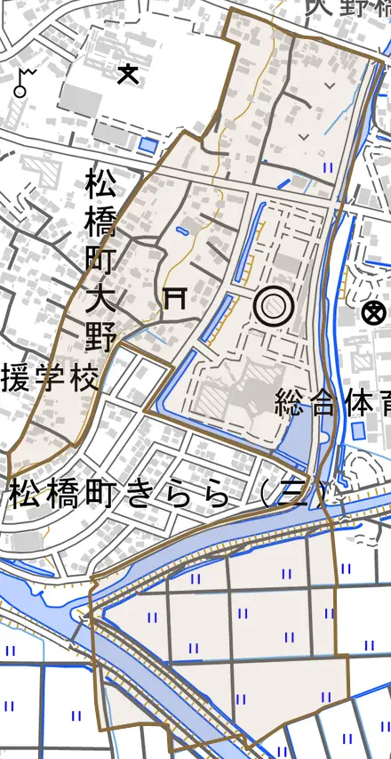 松橋町大野とその周辺の地図。町の範囲を重ねている