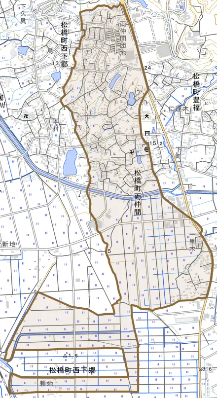 松橋町両仲間とその周辺の地図。町の範囲を重ねている