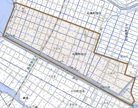 松橋町砂川とその周辺の地図。町の範囲を重ねている