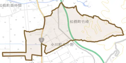 松橋町竹崎とその周辺の地図。町の範囲を重ねている