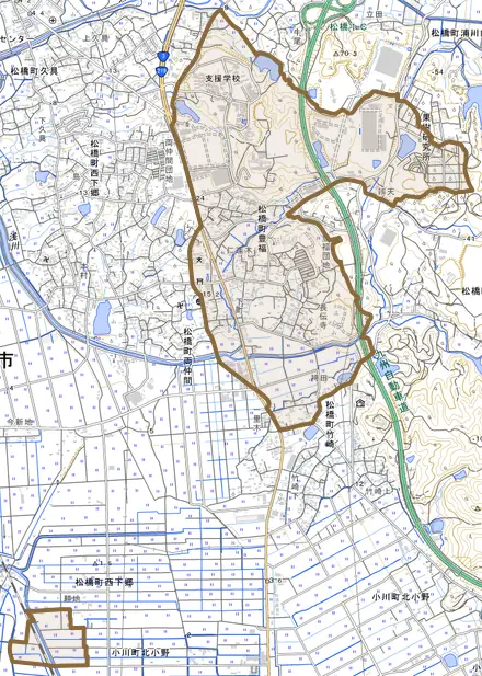 松橋町豊福とその周辺の地図。町の範囲を重ねている