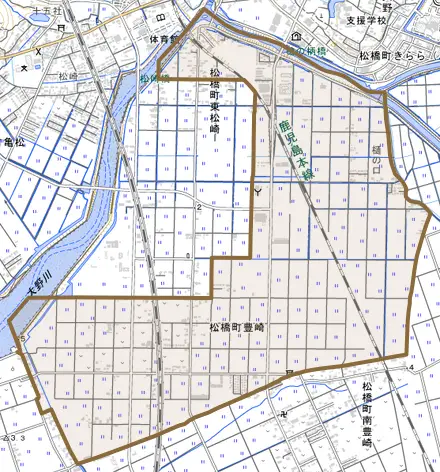 松橋町豊崎とその周辺の地図。町の範囲を重ねている