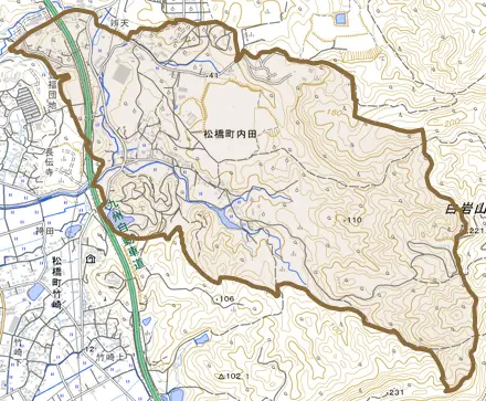 松橋町内田とその周辺の地図。町の範囲を重ねている