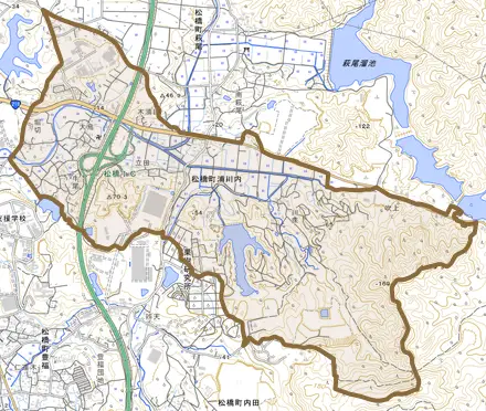 松橋町浦川内とその周辺の地図。町の範囲を重ねている