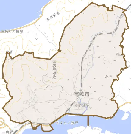 三角町波多とその周辺の地図。町の範囲を重ねている