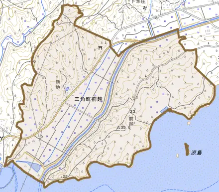 三角町前越とその周辺の地図。町の範囲を重ねている