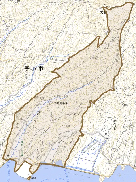 三角町手場とその周辺の地図。町の範囲を重ねている