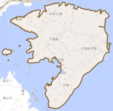三角町戸馳とその周辺の地図。町の範囲を重ねている