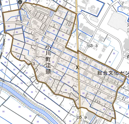 小川町江頭とその周辺の地図。町の範囲を重ねている