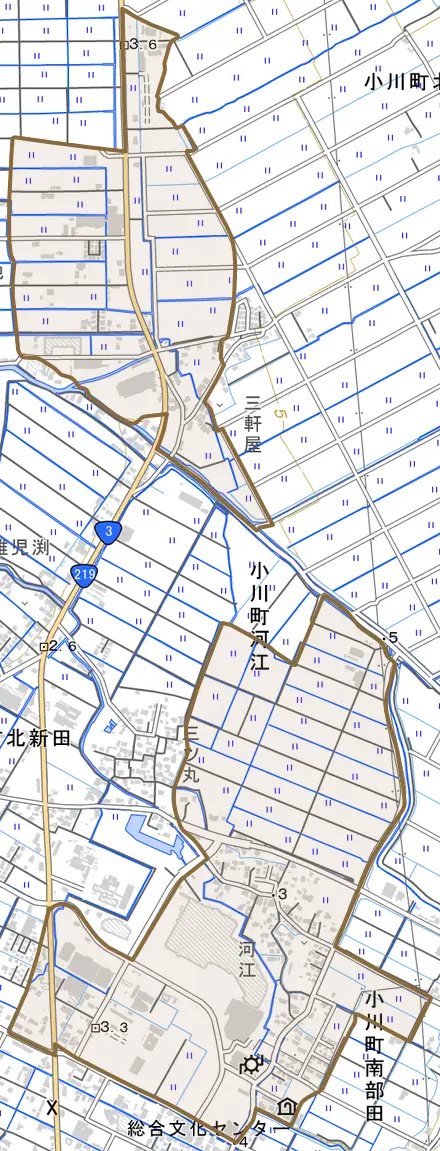 小川町河江とその周辺の地図。町の範囲を重ねている