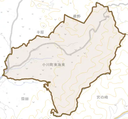 小川町東海東とその周辺の地図。町の範囲を重ねている