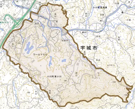 小川町東小川とその周辺の地図。町の範囲を重ねている