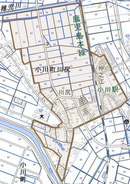 小川町川尻とその周辺の地図。町の範囲を重ねている