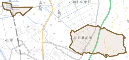 小川町北部田とその周辺の地図。町の範囲を重ねている