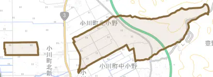 小川町北小野とその周辺の地図。町の範囲を重ねている