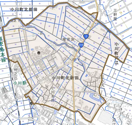小川町北新田とその周辺の地図。町の範囲を重ねている