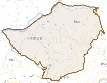 小川町南海東とその周辺の地図。町の範囲を重ねている