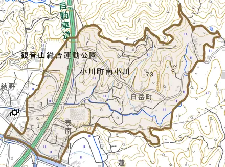 小川町南小川とその周辺の地図。町の範囲を重ねている