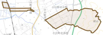 小川町南小野とその周辺の地図。町の範囲を重ねている