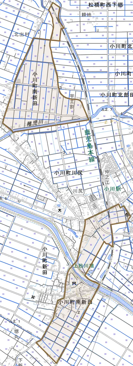 小川町南新田とその周辺の地図。町の範囲を重ねている