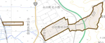 小川町中小野とその周辺の地図。町の範囲を重ねている