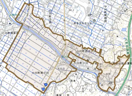 小川町西北小川とその周辺の地図。町の範囲を重ねている