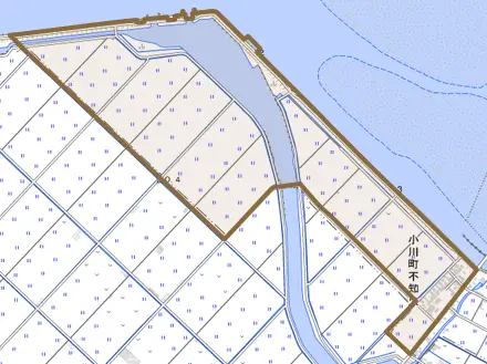 小川町不知火とその周辺の地図。町の範囲を重ねている