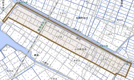 小川町住吉とその周辺の地図。町の範囲を重ねている