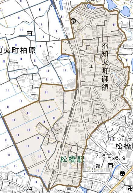 不知火町御領とその周辺の地図。町の範囲を重ねている