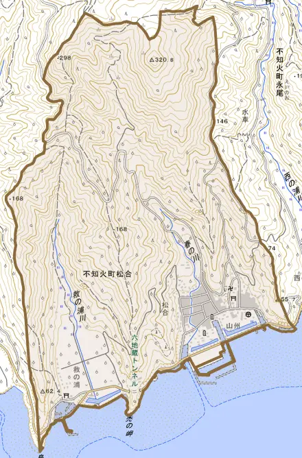 不知火町松合とその周辺の地図。町の範囲を重ねている