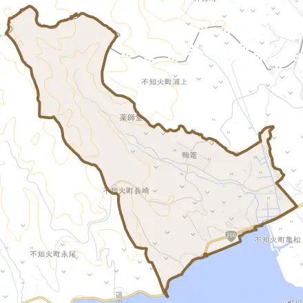不知火町長崎とその周辺の地図。町の範囲を重ねている