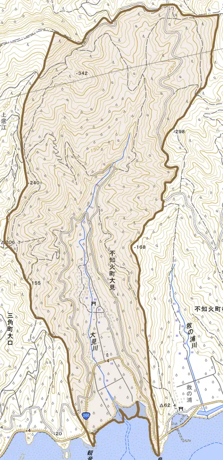 不知火町大見とその周辺の地図。町の範囲を重ねている