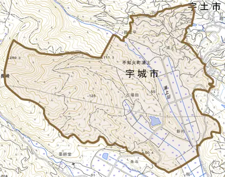 不知火町浦上とその周辺の地図。町の範囲を重ねている