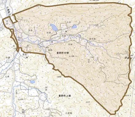 豊野町中間とその周辺の地図。町の範囲を重ねている