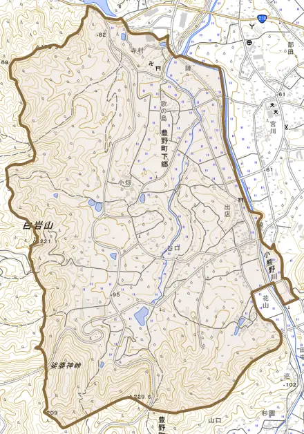 豊野町下郷とその周辺の地図。町の範囲を重ねている