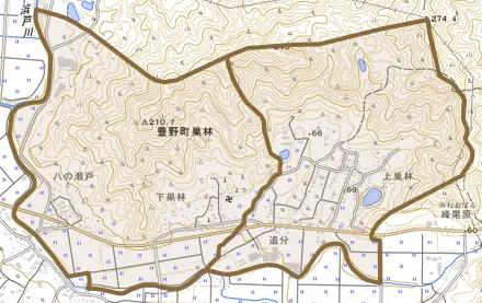 豊野町巣林とその周辺の地図。町の範囲を重ねている